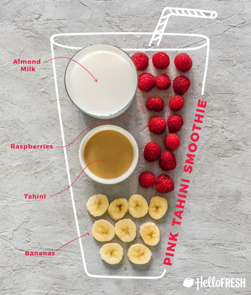 different colored tahini smoothies-raspberry-banana-recipe-infographic-HelloFresh