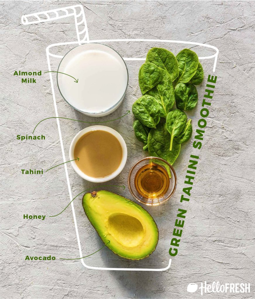 different colored tahini smoothies-spinach-avocado-recipe-infographic-HelloFresh