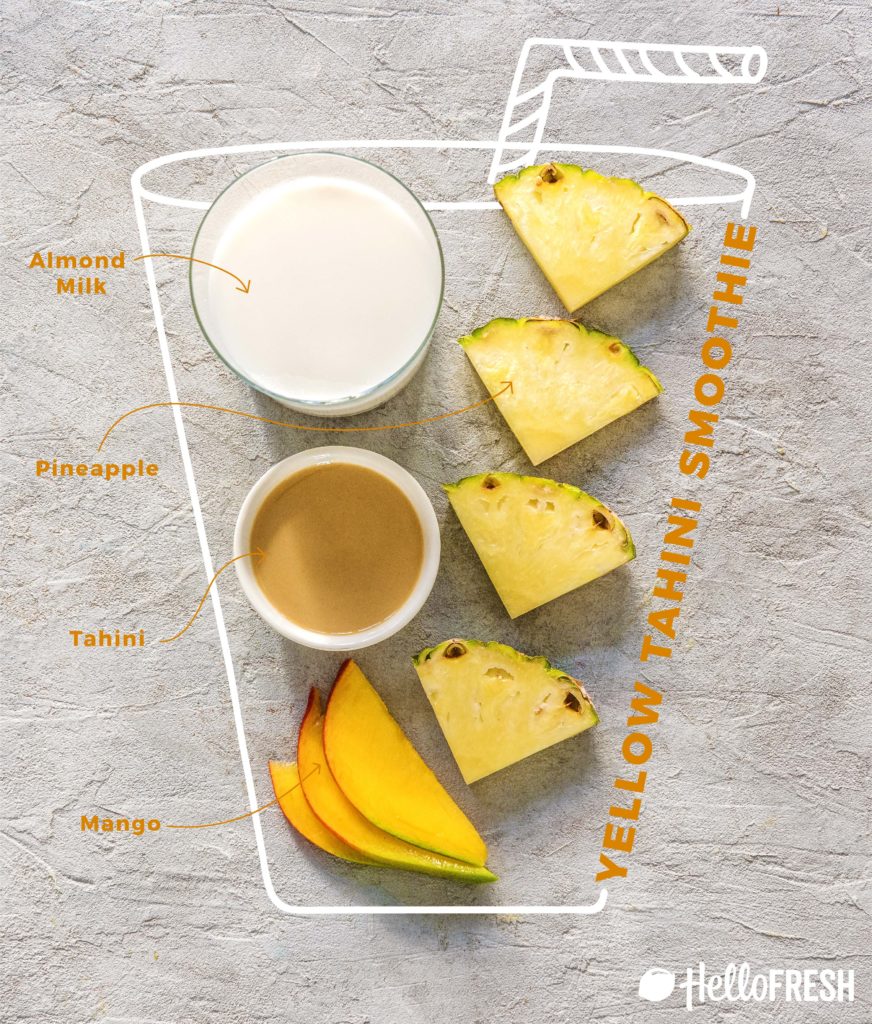 different colored tahini smoothies-pineapple-mango-infographic-recipe-HelloFresh