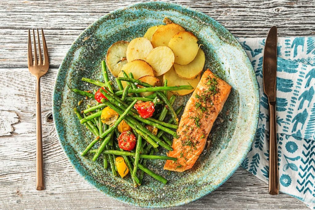 recipes with dill-HelloFresh-roasted-salmon-potatoes-dilled-veggies