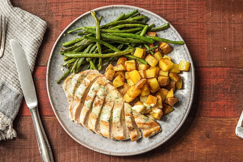 cooking chicken-guide-HelloFresh-creamy-dill-chicken-breasts-green-beans-roasted-potatoes