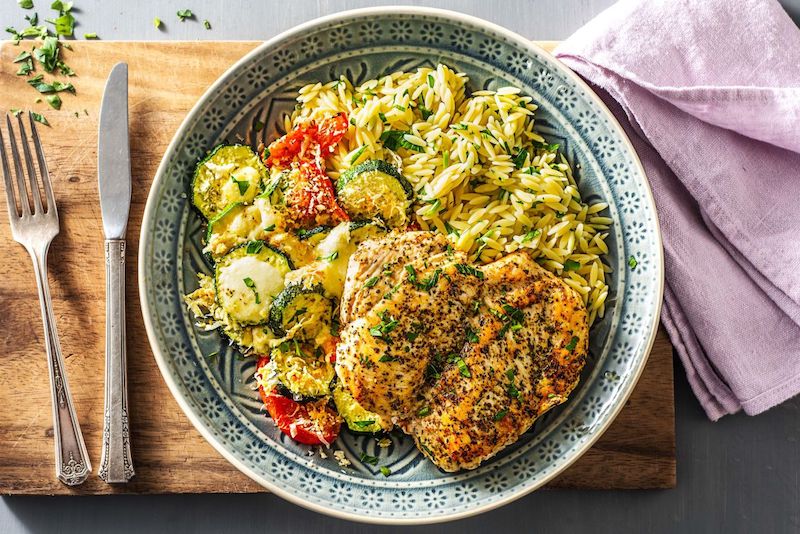 types of cheeses-HelloFresh-chicken-orzo-cheesey-roasted-zucchini-tomatoes