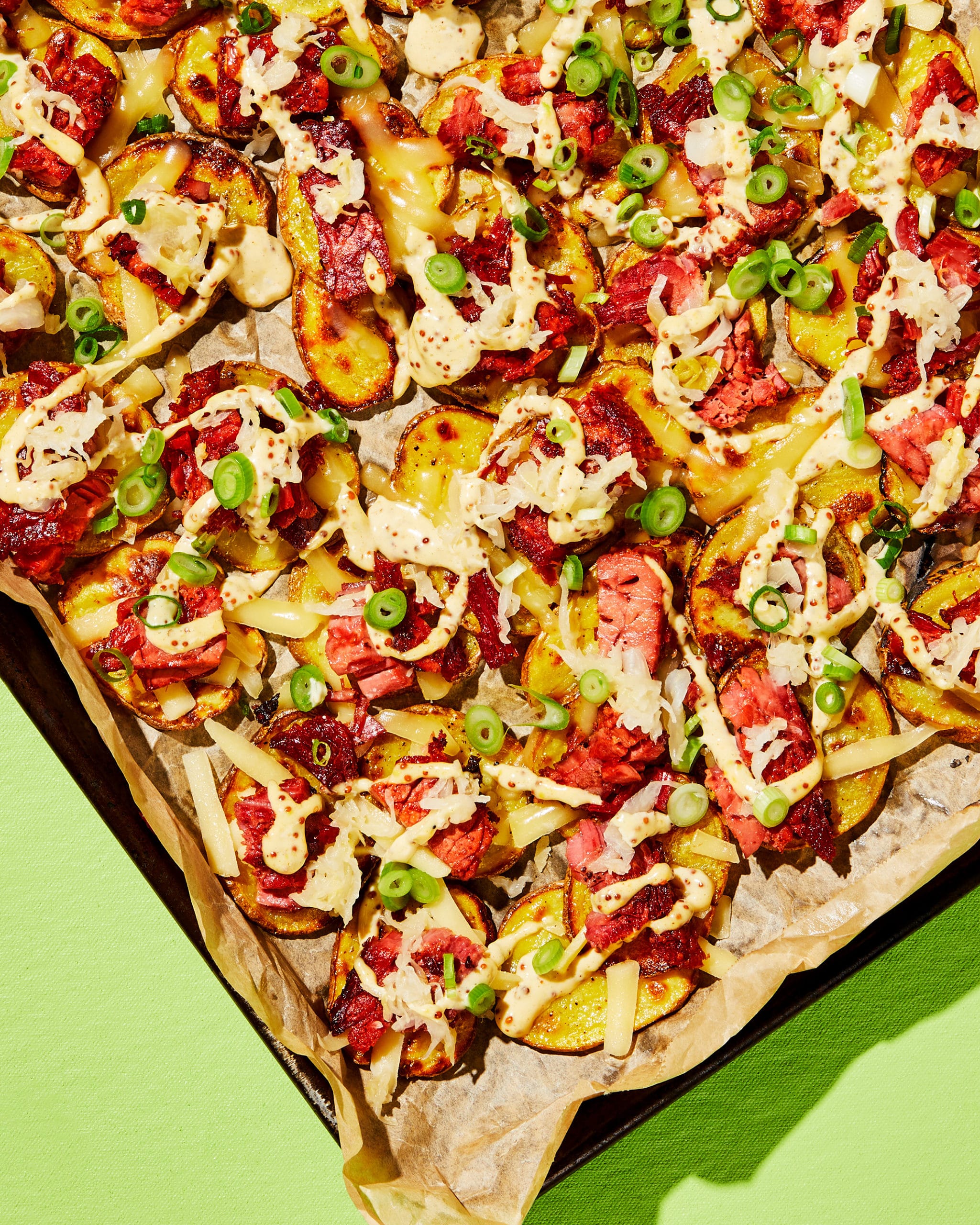St. Patrick's Day Irish Nachos with potatoes, corn beef, and all the fixins